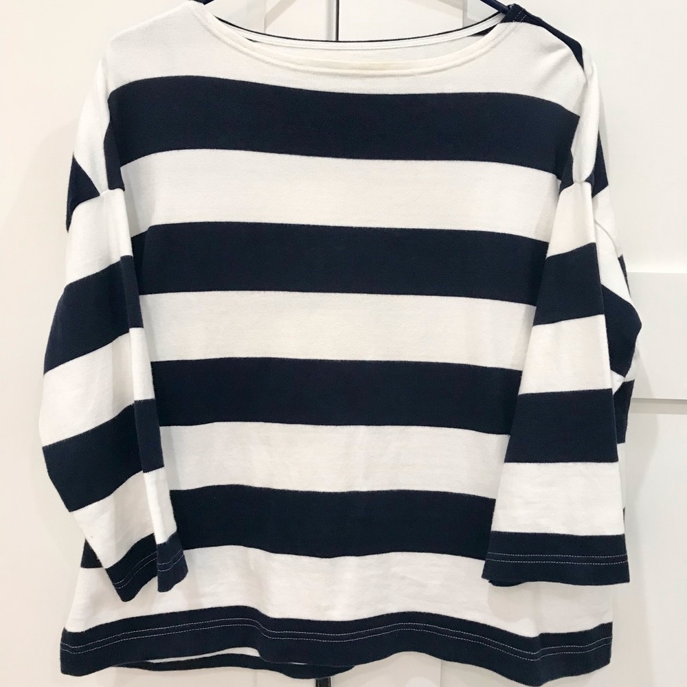 MUJI Women's Top: Oversized Wide Stripe White & Navy Cotton 3/4 Sleeve